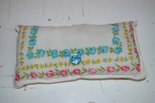Vintage Handmade Decorative Throw Pillow Handkerchief 11x5 Floral Button Accent