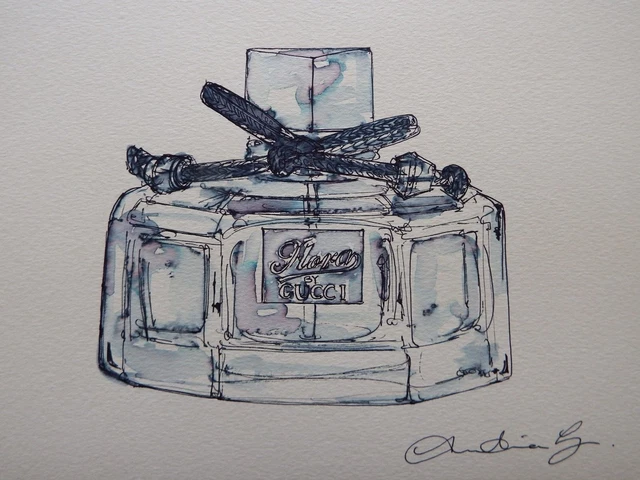 Original Pen & ink drawing a bottle of Gucci Flora Perfume on Watercolour paper