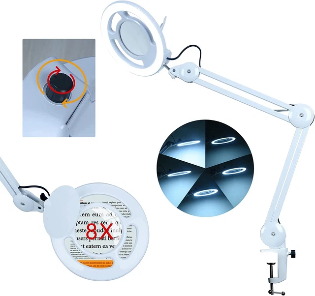 Magnifying Glass with Light 5X Real Glass Desk Lamp & Clamp Stepless Dimmable LE
