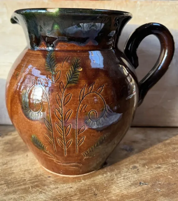 Studio Pottery Large Honey Glazed & Etched Pitcher Or Jug, Terracotta