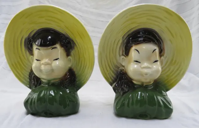 Vintage Pair Royal Copley 1950's Wall Pocket Head Vase Planters Asian Boy & Girl