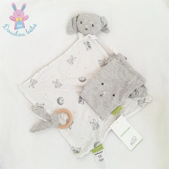 NEUF - Doudou plat Lapin lange blanc gris + anneau + sac VERTBAUDET