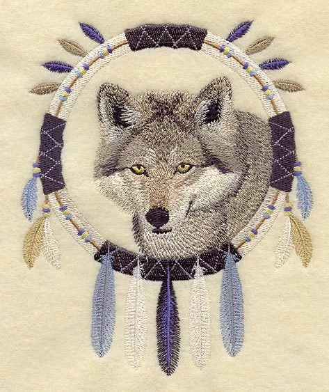 Embroidered Ladies T-Shirt - Wolf Dream Catcher A4821 Size S - XXL