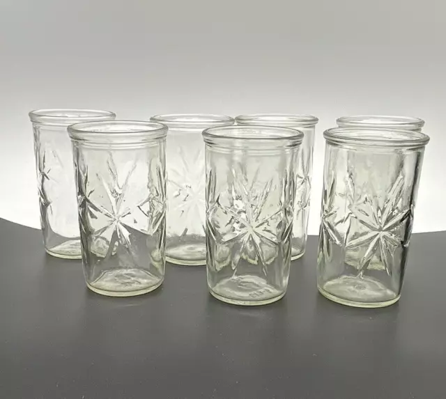 Set of 7 Juice Glasses Jelly Jars Vintage Ball Clear Glass Starburst READ