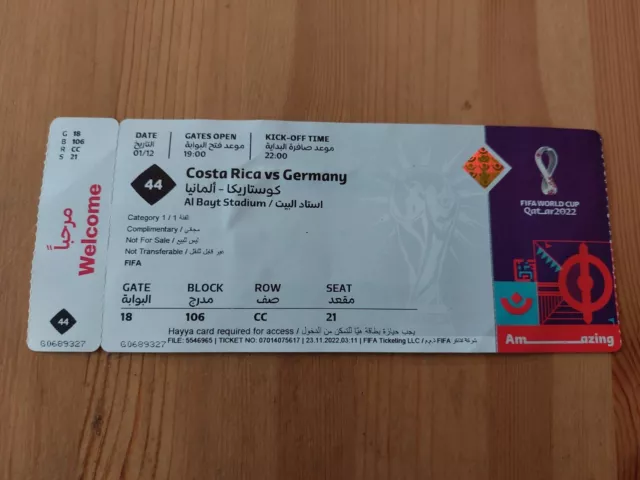 Used Ticket FIFA World Cup 2022 Qatar #44 Costa Rica vs Germany Deutschland