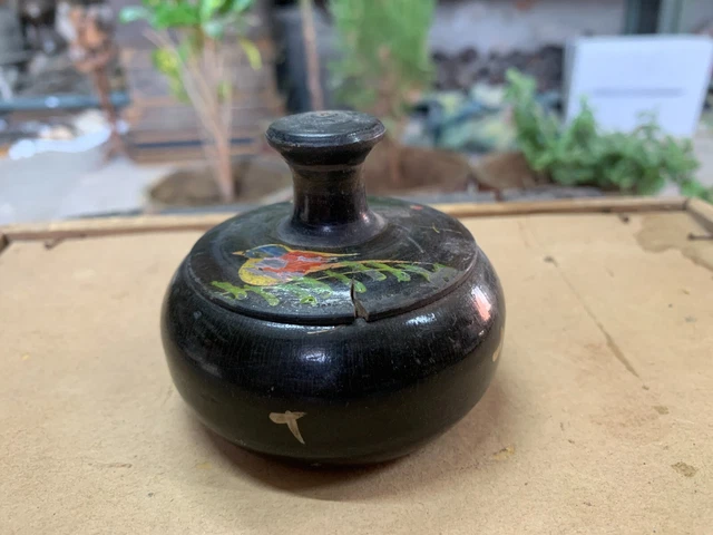 Vintage Wooden Hand Carved Black Lacquer Trinket Box Indian Small Jewelry Box