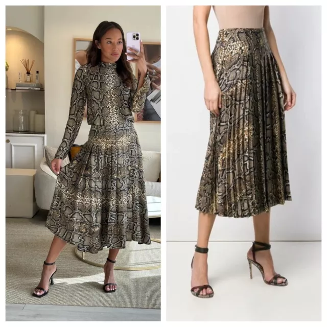 Victoria Beckham Pleated Snake Print Silk Faux Wrap Midi Skirt Sz:36/US4 $1400