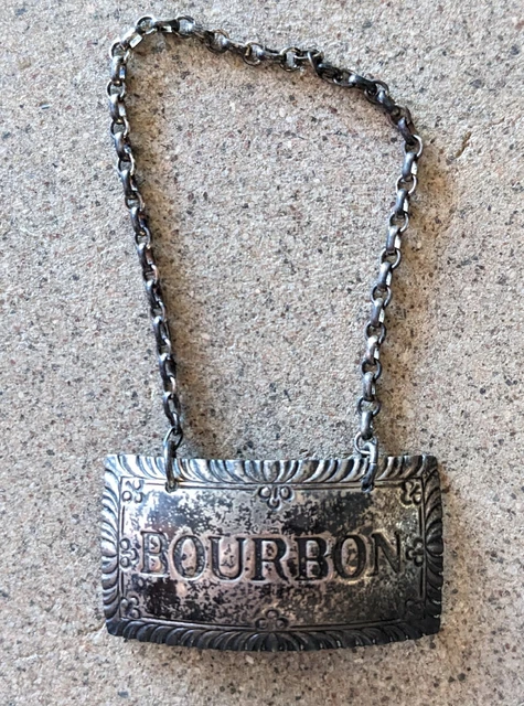 Stieff Williamsburg Sterling Silver “Bourbon” Liquor Decanter Label Tag