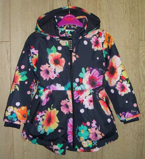 Ted Baker Girls Black Floral Cotton Lined Raincoat Hooded Jacket Age 4 Worn Once