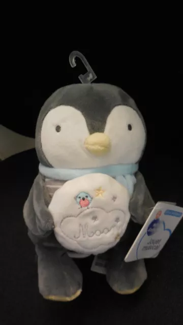 doudou peluche musical pingouin gris blanc brodé moon MOTS D'ENFANTS NEUF