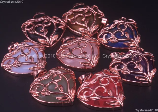 Natural Gemstone Heart Life Tree Leaf Reiki Chakra Pendant Charm Beads Rose Gold