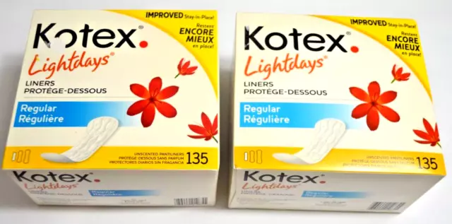 Revestimientos Kotex LIGHTDAYS ~135 unidades ~ almohadillas regulares sin perfume ~ 2008 EE. UU.