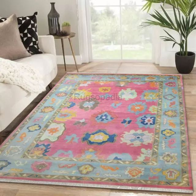 Hand Knotted Abstract Pink Oushak Rug Floral Woolen Carpet For Living, Bed Room