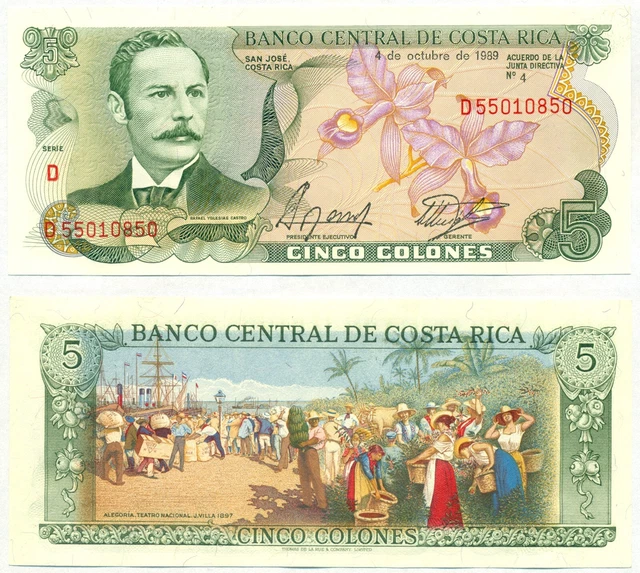 COSTA RICA NOTE 5 COLONES 1989 P 236d UNC