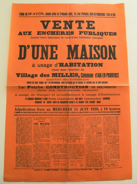 Affiche vente enchère maison d'habitation village "Les Milles" 1938 vintage