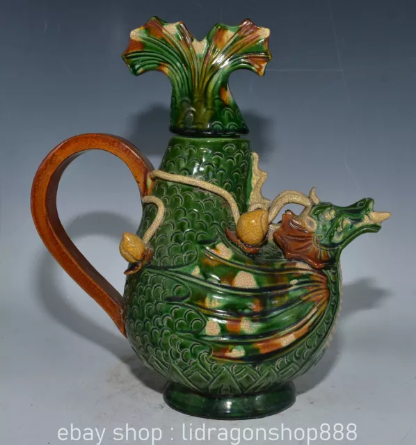 11.2" Ancient Chinese Sancai Porcelain Dragon Fish Handle Teapot Kettle Statue