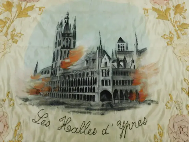 rare old  WW1 war Les Halles d Ypres antique silk  large table doily