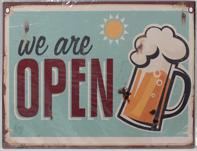 9977587-x Retrò Vintage Targa di Latta Birra Siamo Aperto 25x33cm