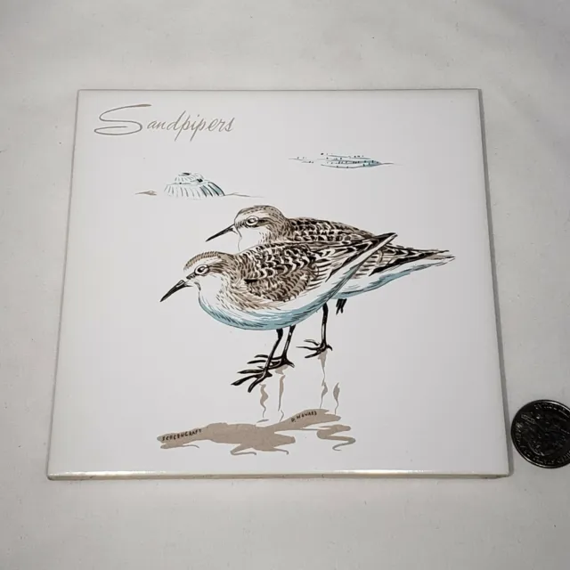 VTG Screencraft Sandpipers Tile Wall Hanging Trivet Hand Painted Signed P Howard