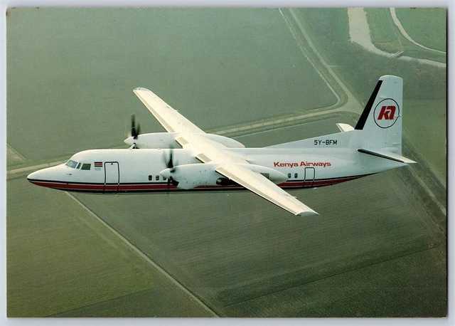 Airplane Postcard Kenya Airways Airlines Fokker 50 5Y-BFM In Flight BX21