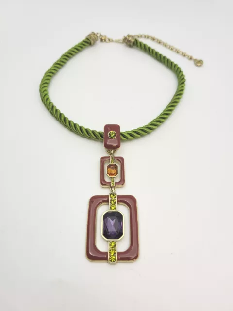 Heidi Daus Purple, Citrine Green Crystal & Enamel Pendant & Green Cord Necklace