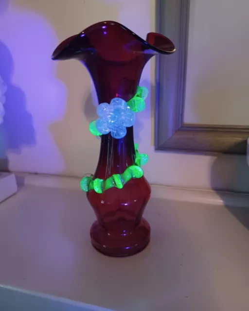 Antique Victorian Red Vase With  Uranium green Frilled ribbon  Decoration.