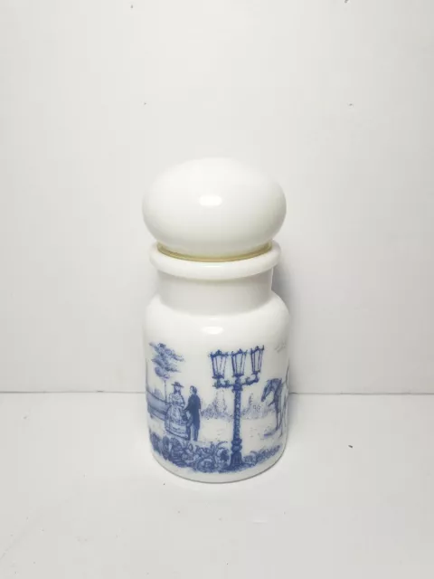 Vintage Milkglass Apothecary Jar Belgium Blue & White Bubble Lid