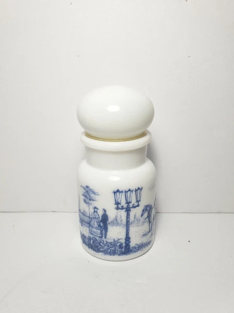 Vintage Milkglass Apothecary Jar Belgium Blue & White Bubble Lid