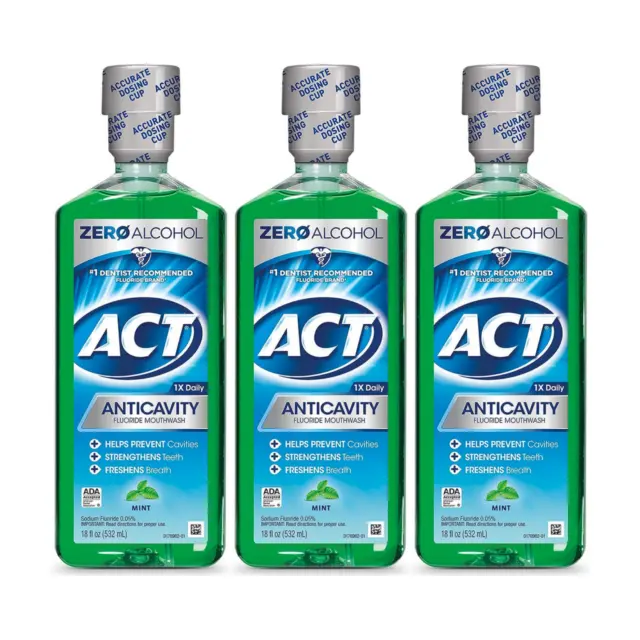 ACT Anticavity Fluoride Mouthwash With Zero Alcohol, Mint, 18 Fl Oz - 3 PACK