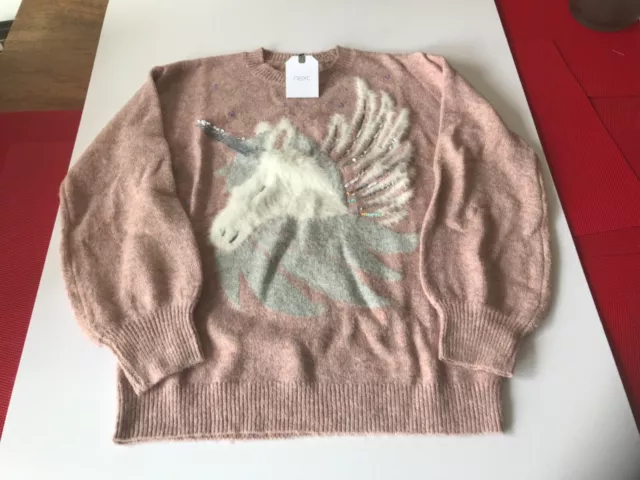 NEXT Girls Pink Fluffy Sequin Unicorn Jumper Age 9 *BNWT*