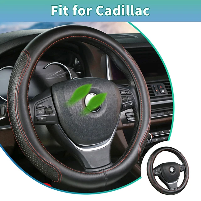 Genuine Leather Black Red 15" Diameter Car Steering Wheel Cover For CADILLAC