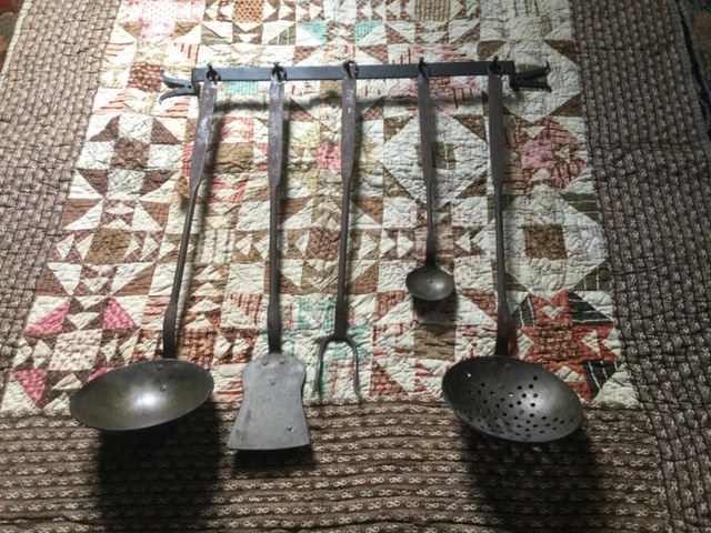 primitive hand forged wrought iron fireplace utensil set signed DIETRICH 