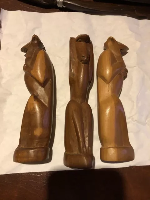 Lot of 3 Vintage African Wood Hand Carved Monkeys Figure See Hear Speak No Evil