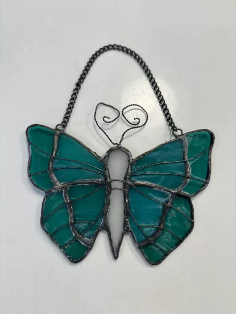 Butterfly Suncatcher Stained Glass Metal Chain Window Hanger Blue / Turquoise