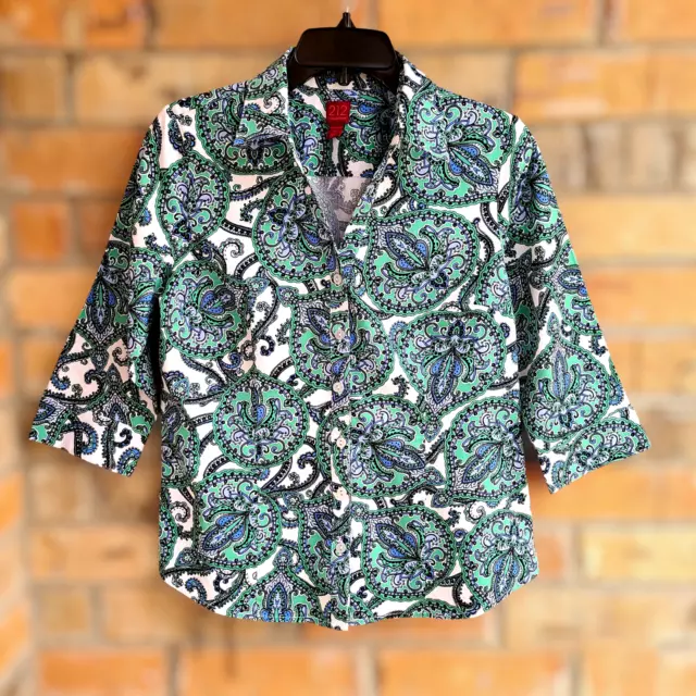 212 Collection Women's Button Front Top Blouse 3/4 Sleeves Paisley Print Size M