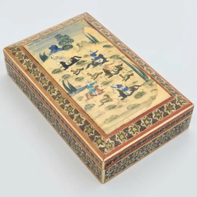 Vintage Persian Wooden Inlaid Box Hunting Scene Decorative Marquetry Trinket