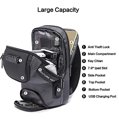 Sling Backpack for Men Crossbody Shoulder Bags Waterproof Sling Chest Bag Gray