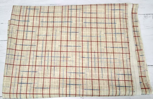 Vintage 70s Polyester Fabric Brown Blue Plaid Single Knit Tricot Stretch Retro