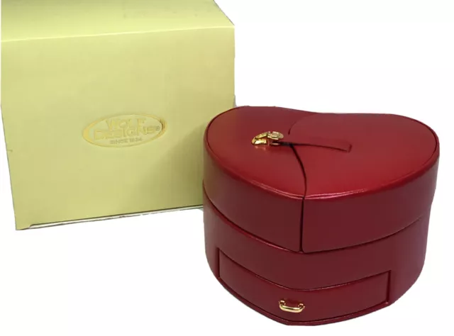 Wolf Designs Heart Shaped Jewelry Box Red Leather Swing out Drawers Gold Accents