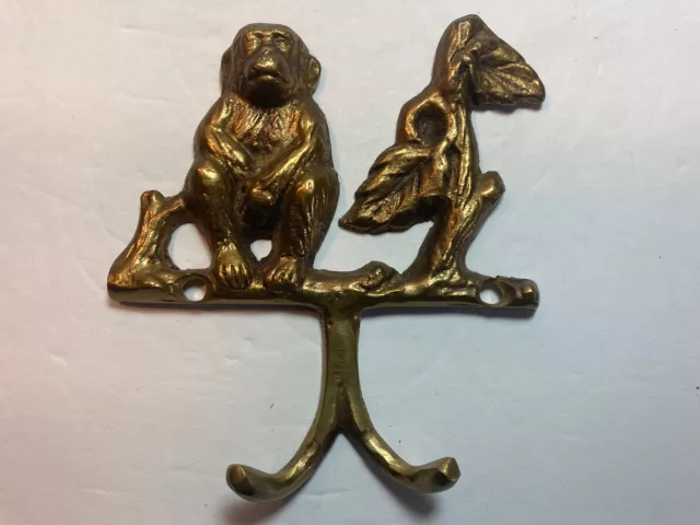 Brass Monkey On Branch Wall Mount Double Hook Key 4.5”