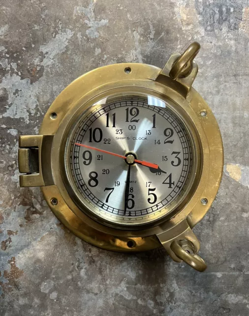 Ship's Time Heavy Solid Brass Porthole Quartz Clock Wooden Wheel Nautical  12”x14