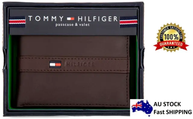 Genuine New Tommy Hilfiger Brown Leather Men Ranger billfold wallet Authentic