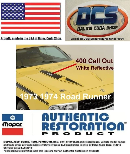 1973 74 Ply road runner 400 White Reflective Hood Bulge Decals NEW MoPar USA
