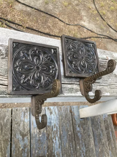 Pair Victorian 4” Solid Brass Eastlake Wall Hooks with 4” Chocolate Brown Tiles