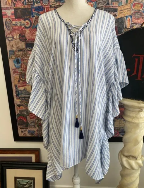 Tommy Bahama Blue Stripe Lace-up Tunic Top L/XL 14-16 Swim Cover-up New Kaftan