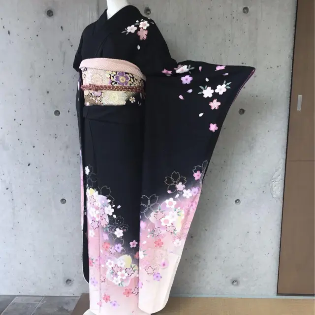 Japanese Kimono Pure Silk Long-sleeved Kimono Furisode 169.5cm Floral Black/Pink 2