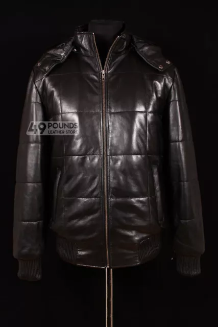 Men's Puffer Hooded Lambskin Leather Jacket Black Real Napa Jacket 4502-B