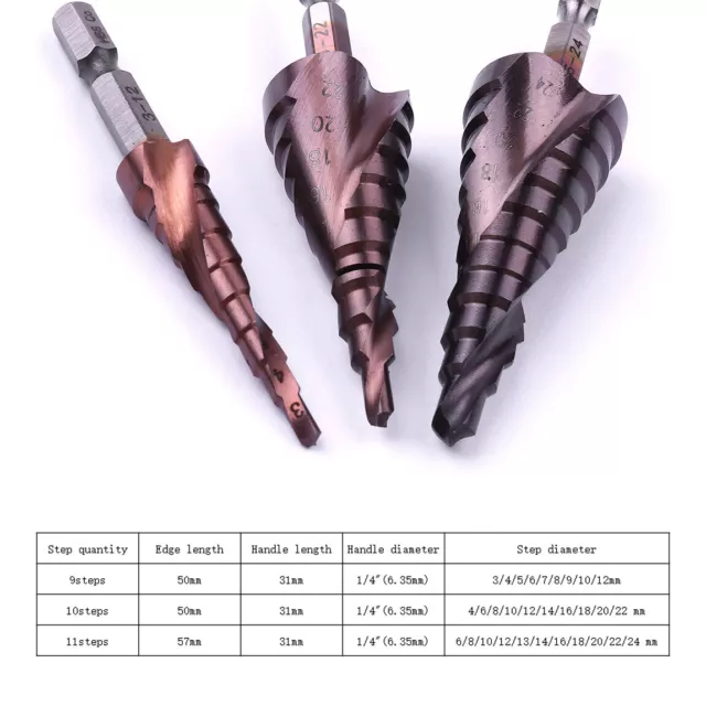 Spiral Groove HSS-Co Cobalt Step Drill Bit Chamfer Multiple Hole Sizes for Metal