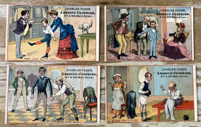 Antique vintage Victorian advertising trade cards Charles Feder Clothier cartoon