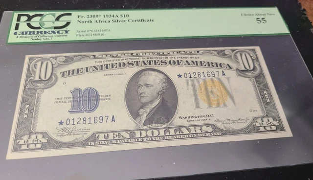 1934 A $10 Silver Certificate Star Note North Africa Fr.2309* Pcgschoice Au 55
